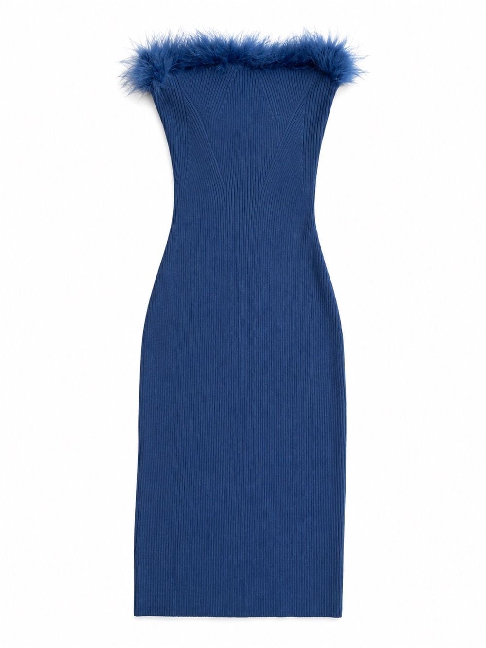 Salty Ribbed Feather Trim Midi Dress | Women’s Small | Blue Bodycon Knit Dress